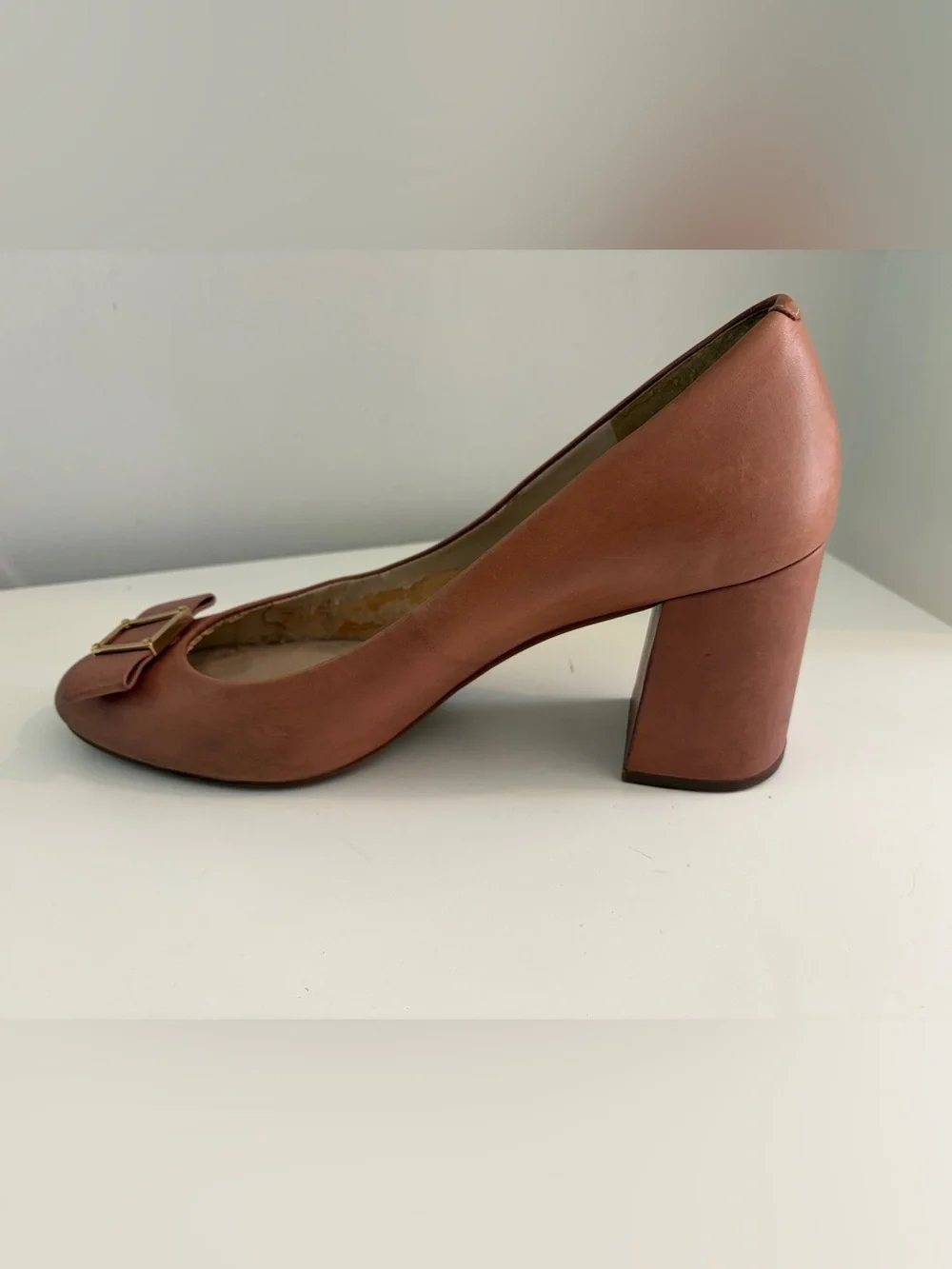Cole Haan Women Emory Leather Tan Round-Toe Block-Heel Pump Buckle Bow - Size 11